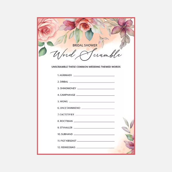 Bridal Shower Word Scramble (floral design and gold frame)