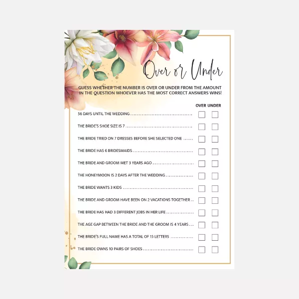 Over or Under Bridal Shower Game (floral design and blush frame)