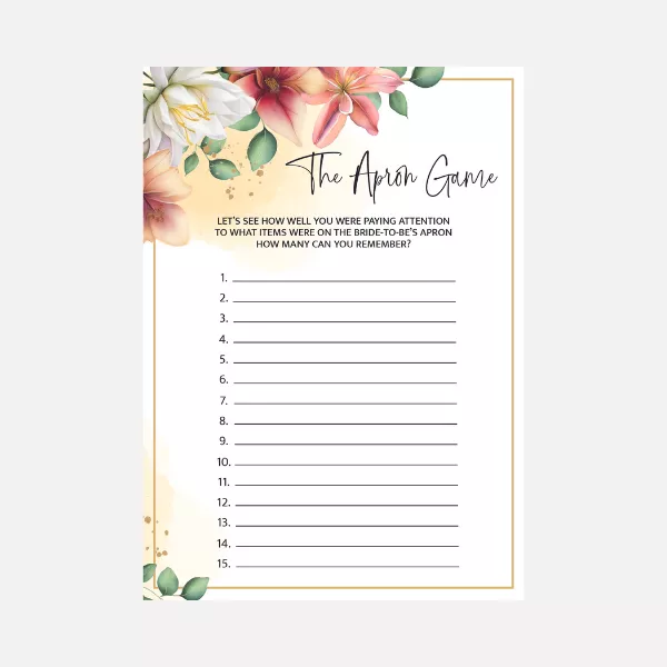 The Apron Game Bridal Shower Game (floral design and blush frame)